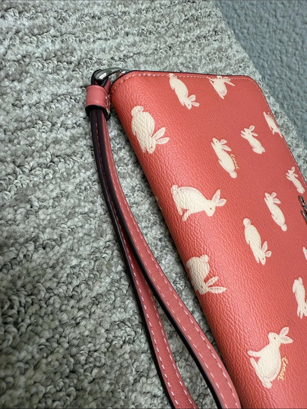 Coach Coral Zip Wristlet Wallet with Cream Bunny Print